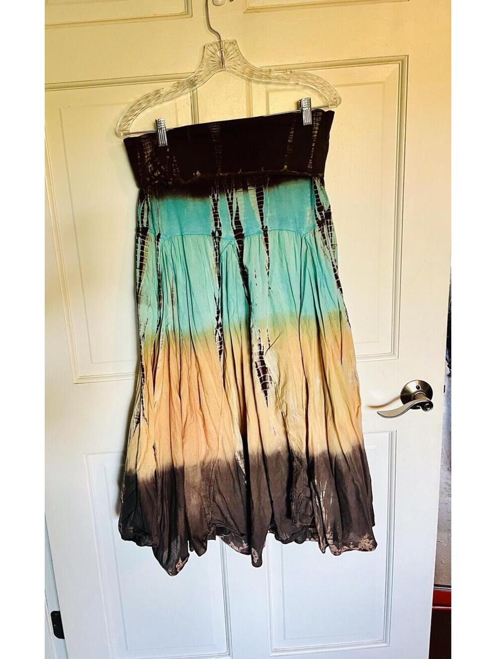 Baba 100% Cotton Brown Blue Orange Tie Dye Hippy Long Maxi Skirt Large